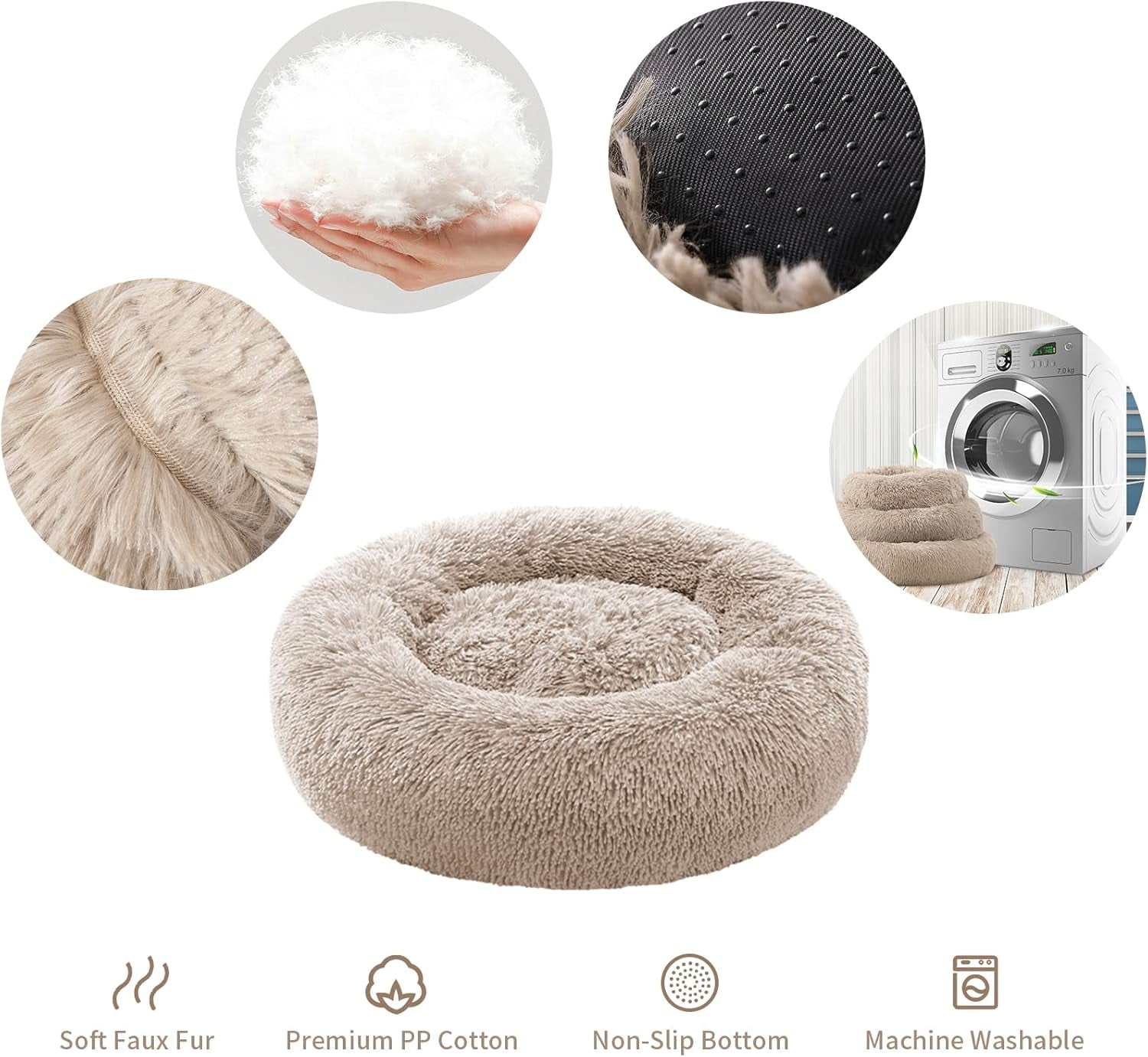 Medium Dog Calming Donut Bed, Anti-Anxiety Plush Faux Fur Round Pet Bed, Machine Washable 23x23 Inch Khaki