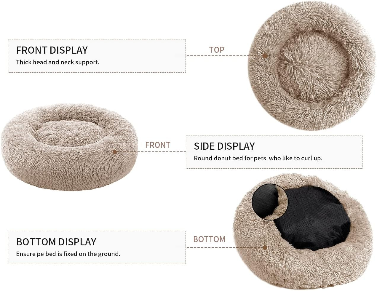 Medium Dog Calming Donut Bed, Anti-Anxiety Plush Faux Fur Round Pet Bed, Machine Washable 23x23 Inch Khaki