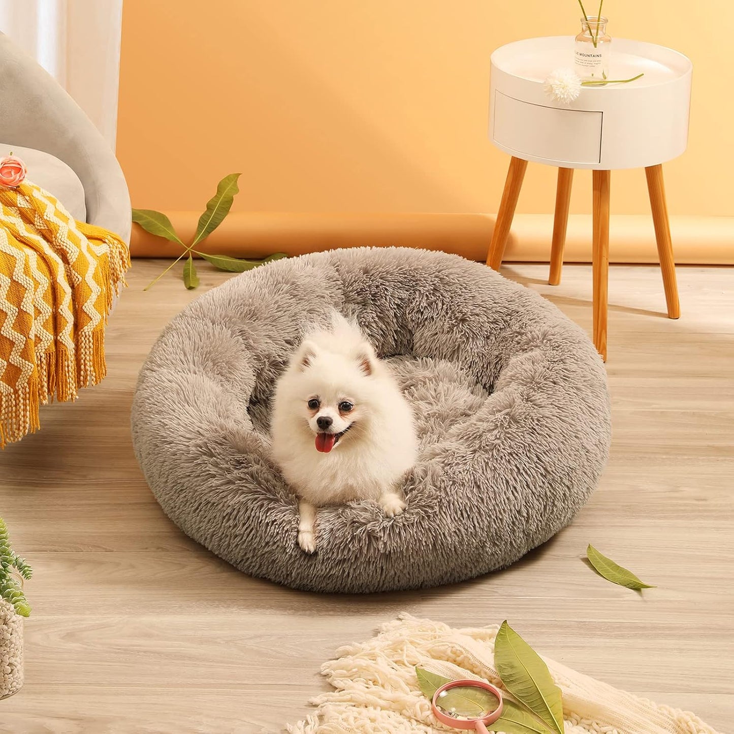Medium Dog Calming Donut Bed, Anti-Anxiety Plush Faux Fur Round Pet Bed, Machine Washable 23x23 Inch Khaki