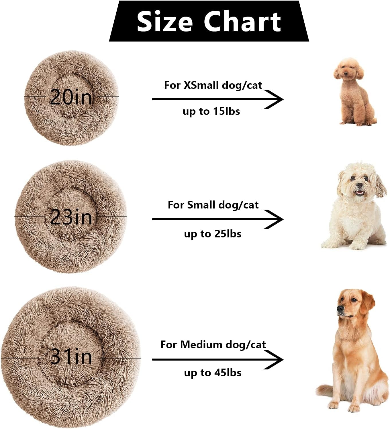 Medium Dog Calming Donut Bed, Anti-Anxiety Plush Faux Fur Round Pet Bed, Machine Washable 23x23 Inch Khaki
