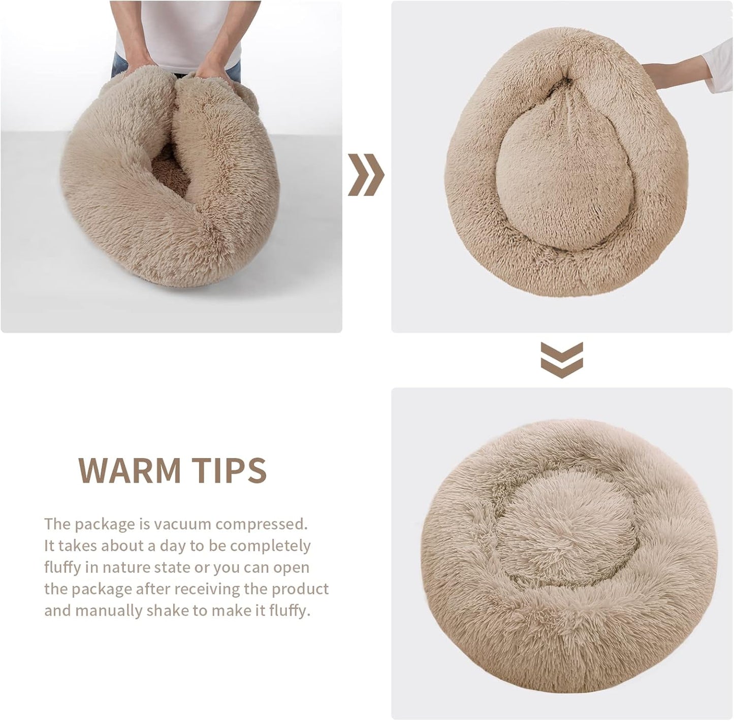 Medium Dog Calming Donut Bed, Anti-Anxiety Plush Faux Fur Round Pet Bed, Machine Washable 23x23 Inch Khaki