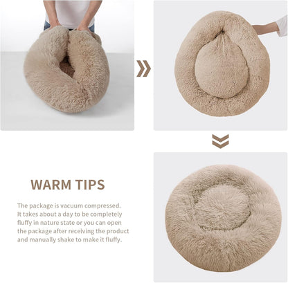 Medium Dog Calming Donut Bed, Anti-Anxiety Plush Faux Fur Round Pet Bed, Machine Washable 23x23 Inch Khaki