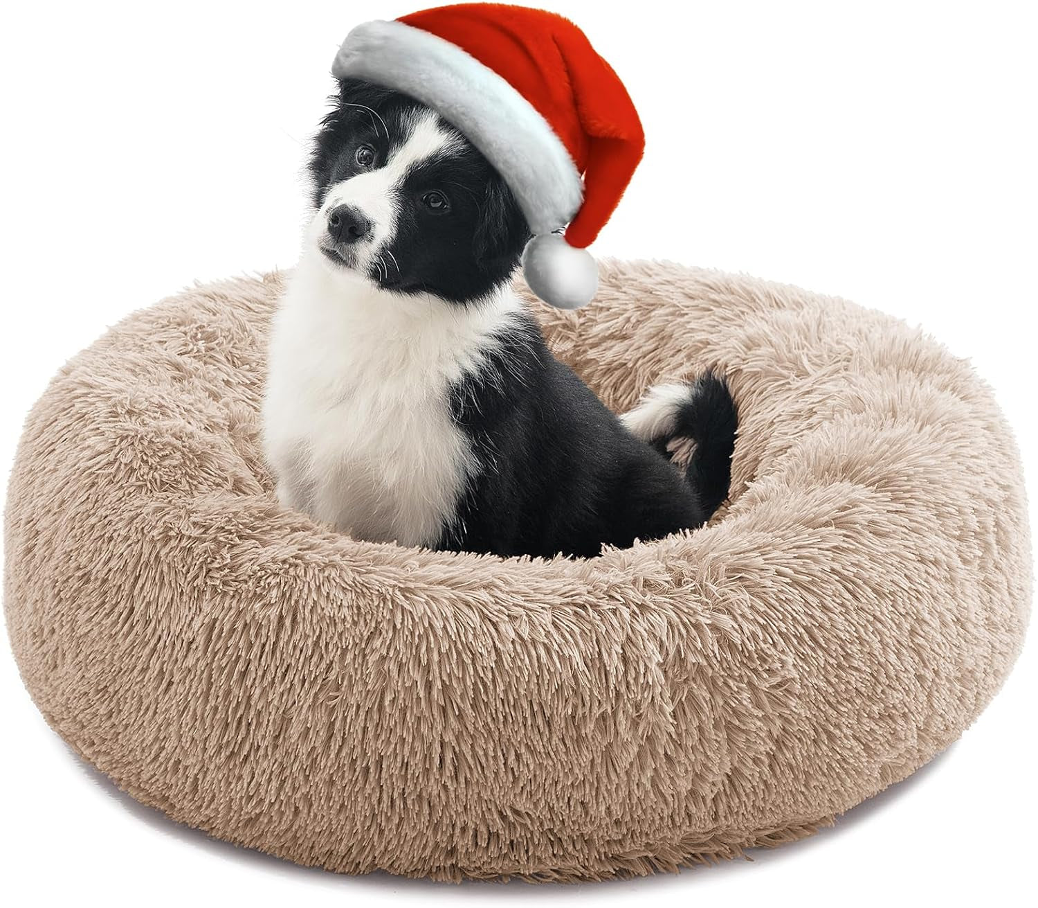 Medium Dog Calming Donut Bed, Anti-Anxiety Plush Faux Fur Round Pet Bed, Machine Washable 23x23 Inch Khaki
