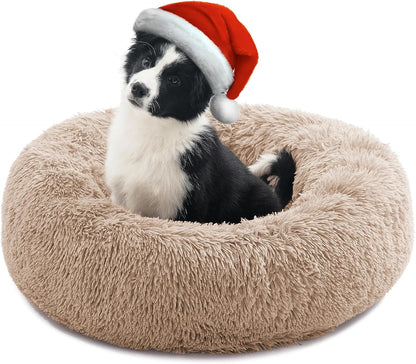 Medium Dog Calming Donut Bed, Anti-Anxiety Plush Faux Fur Round Pet Bed, Machine Washable 23x23 Inch Khaki